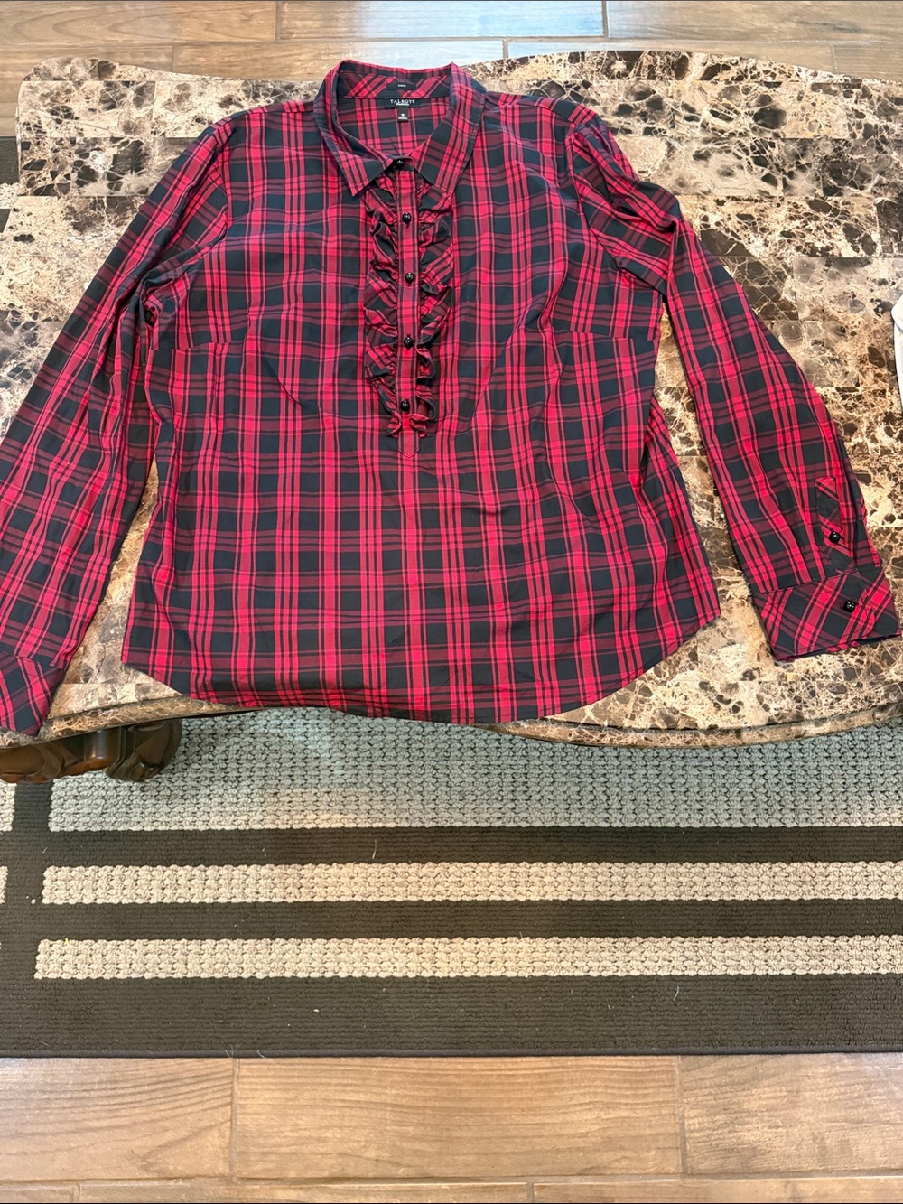 Talbots Red and Black Plaid Ruffle-Front Button Shirt